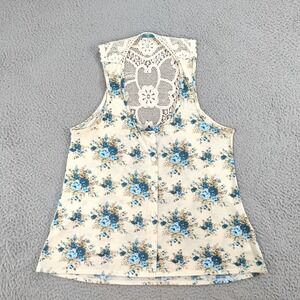 Y2K Fairygoth Grunge Lace Back Tank Top Floral Cream Blue Women XL Button USA